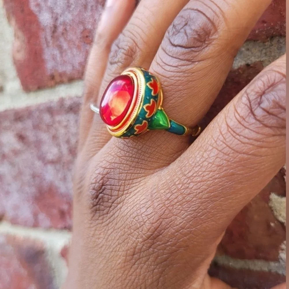 Ethnic Vintage Red Cabochon Enamel Ring